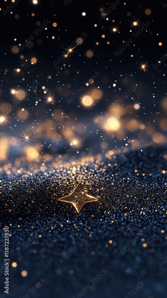 Poster glittering golden particles float against a dark backdrop, offering an elegant space for new year or