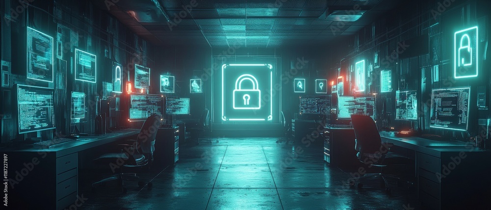 Leinwandbilder high-tech cybersecurity hub with encrypted data streams and digital locks