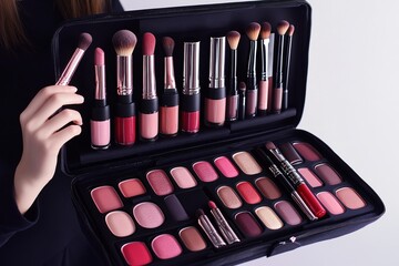 Girl showcasing a professional makeup artist's set with various products and tools