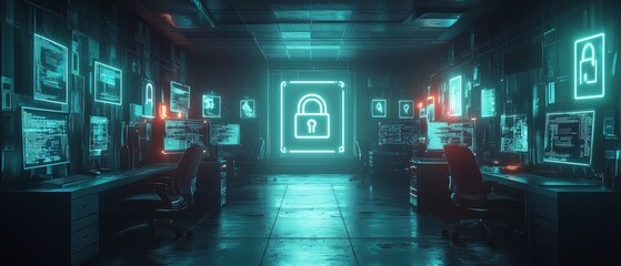 High-Tech Cybersecurity Hub with Encrypted Data Streams and Digital Locks
