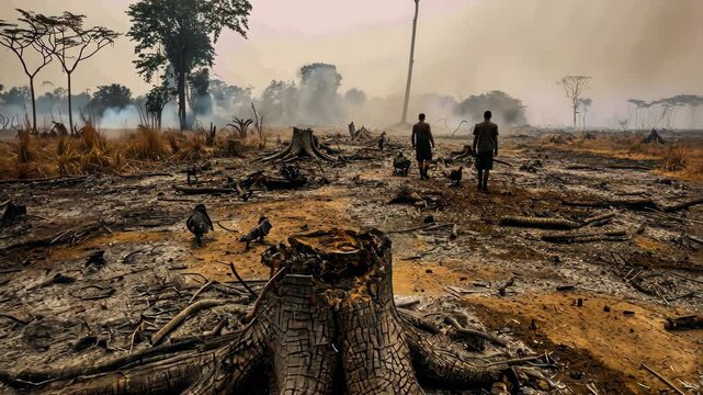 Deforestation in tropical rainforest reveals stark landscape with remnants of wildlife