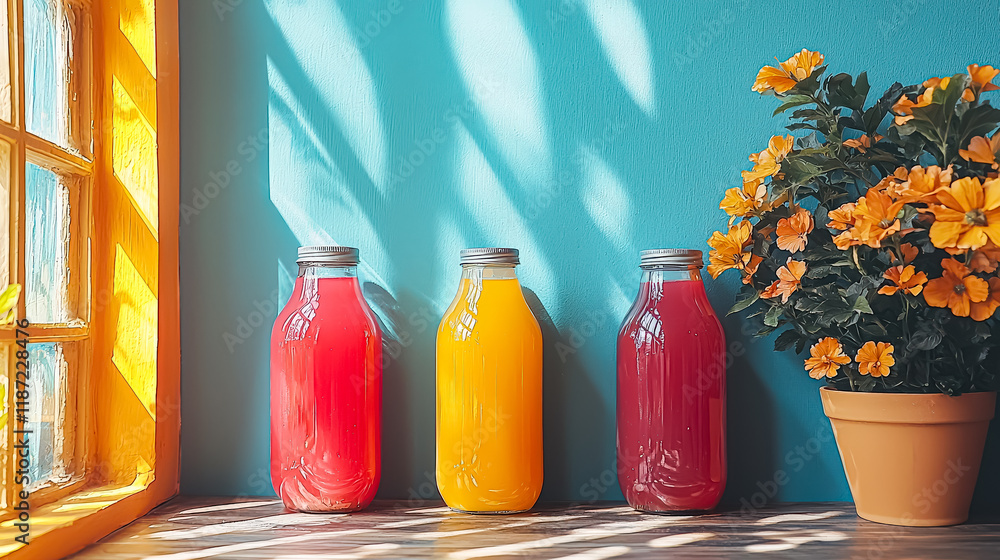 Poster three glass bottles of different colors of juice are on a table next to a potted plant. the bottles 