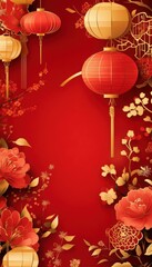 Festive Red Gold Chinese New Year Lanterns Flowers Background