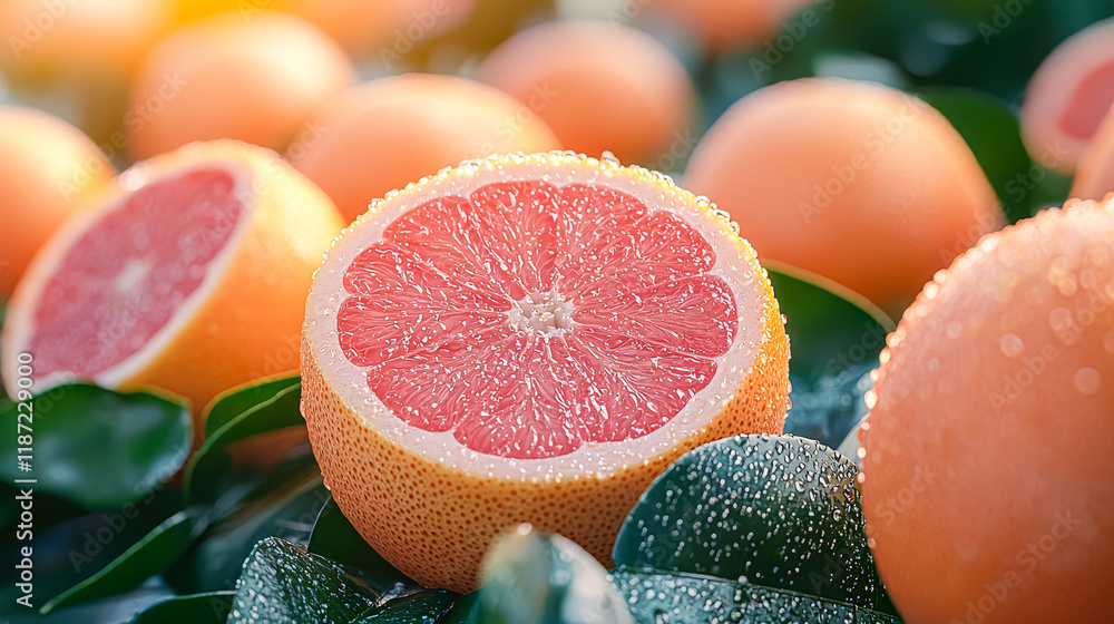 Poster close up of a pink grapefruit with a slice missing. the grapefruit is surrounded by other grapefruit
