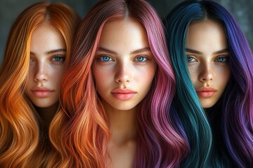 Obraz premium Fashionable colored locks shine under bright lighting in a captivating display of beauty