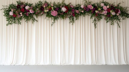 Fototapeta premium The elegant white curtain, adorned with colorful flowers, creates a romantic wedding backdrop for special moments