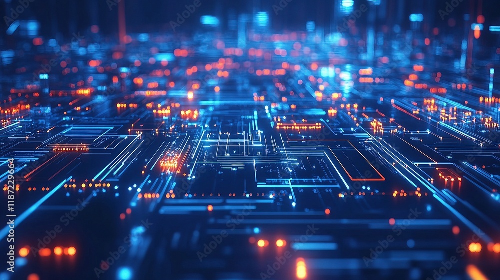 Poster detailed electronic circuit board with blue led lines and patterns