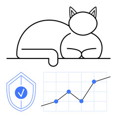 Cat lounging peacefully beside a rising graph with blue points and a shield symbol with checkmark. Ideal for growth, security, planning, analysis, trust, success, or abstract line flat metaphor