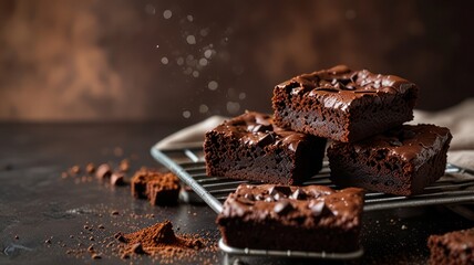 Freshly baked brownies cooling a rack surrounded by cocoa powder and chocolate chunks