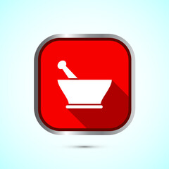 Mortar and pestle icon design illustration. Pharmacy sign symbol for app, website, and logo. Red shadow button design
