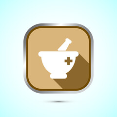 Mortar and pestle icon design illustration. Pharmacy sign symbol for app, website, and logo. Gold shadow button design
