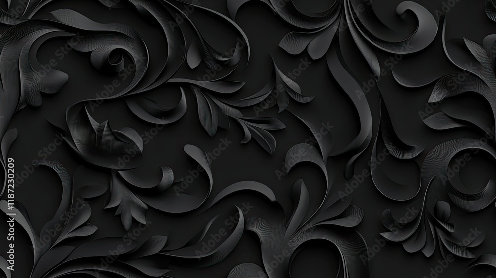 Poster discover an elegant black paper texture with swirls and leaves, ideal for your design projects in a 