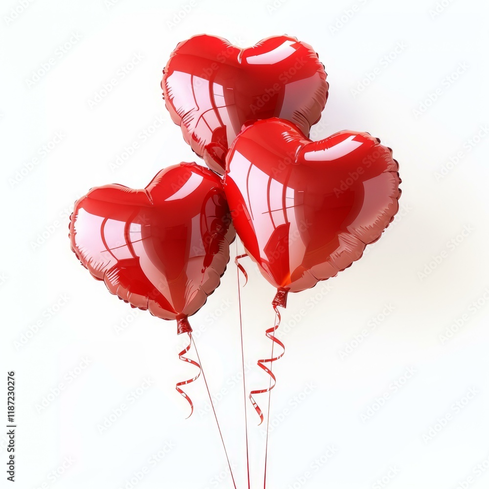 Poster three red heart shaped balloons are floating with strings on white background