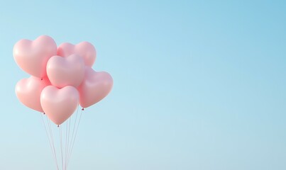Fototapeta premium Pink heart balloons float against a pastel blue sky, ideal for Valentine's Day or romantic celebrations