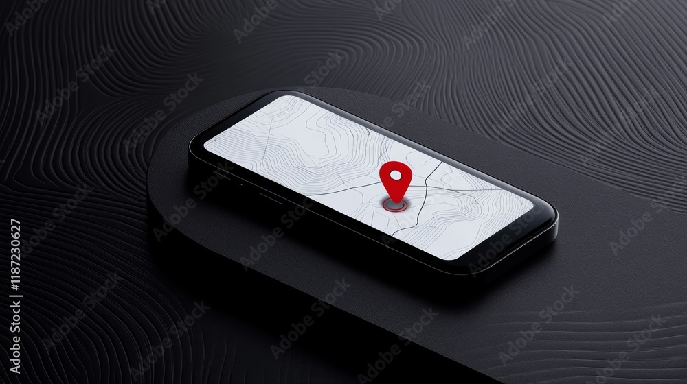 Poster Modern mobile phone displaying topographic map with location pin on screen, placed on elegant black stand, suggesting concepts of navigation, travel, and geospatial technology