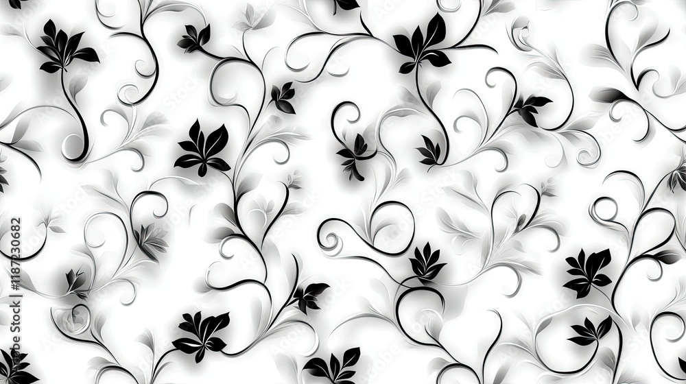 Poster intricate seamless pattern showcases black swirls and leaves on a crisp white background, perfect fo