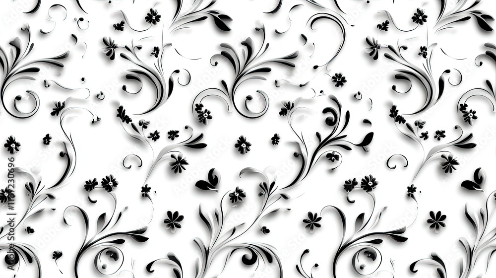 Poster intricate seamless pattern showcases black swirls and leaves on a crisp white background, perfect fo