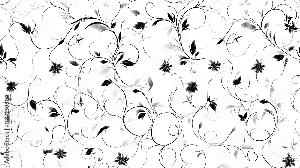 Poster intricate seamless pattern showcases black swirls and leaves on a crisp white background, perfect fo