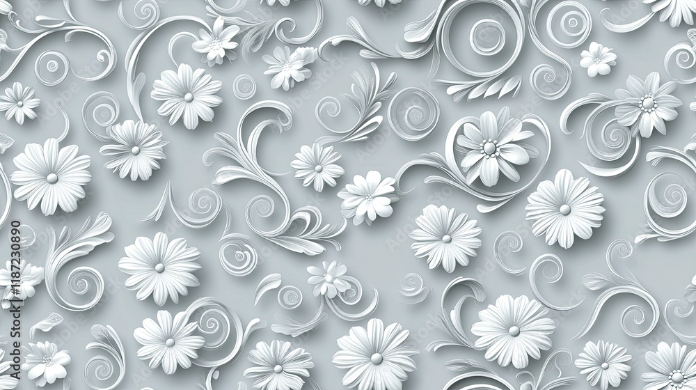 Poster floral designs on a soft gray background create a delicate and sophisticated pattern suitable for va