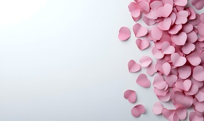 Fototapeta premium Pink heart confetti scattered on white background, romantic design, perfect for Valentine's Day cards