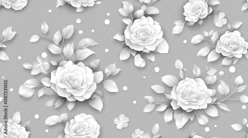 Poster this seamless pattern has a grey background with white swirls, dots, and floral motifs, creating an 