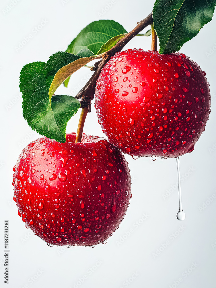 Aufkleber two red apples hanging from a tree with raindrops on them. the apples are shiny and look fresh