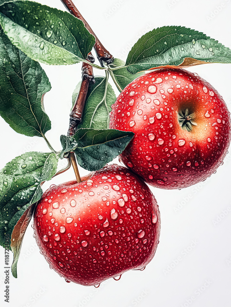 Aufkleber two red apples hanging from a tree with raindrops on them. the apples are shiny and look fresh