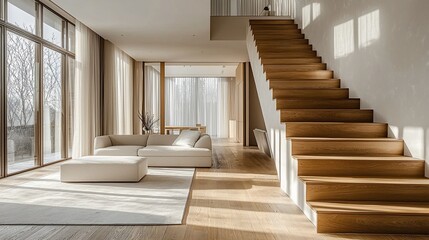 Fototapeta premium Modern minimalist living room with wooden staircase and large windows.