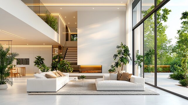 Modern minimalist living room with high ceilings, fireplace, and large windows overlooking a garden.