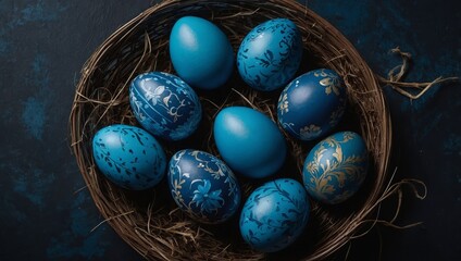 Blue easter eggs painted by hand on a dark background. Easter stylish minimal composition. Top view, flat lay