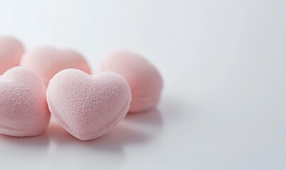Obraz premium Pink heart-shaped bath bombs on white background, studio shot, romantic setting, ideal for Valentine's Day marketing