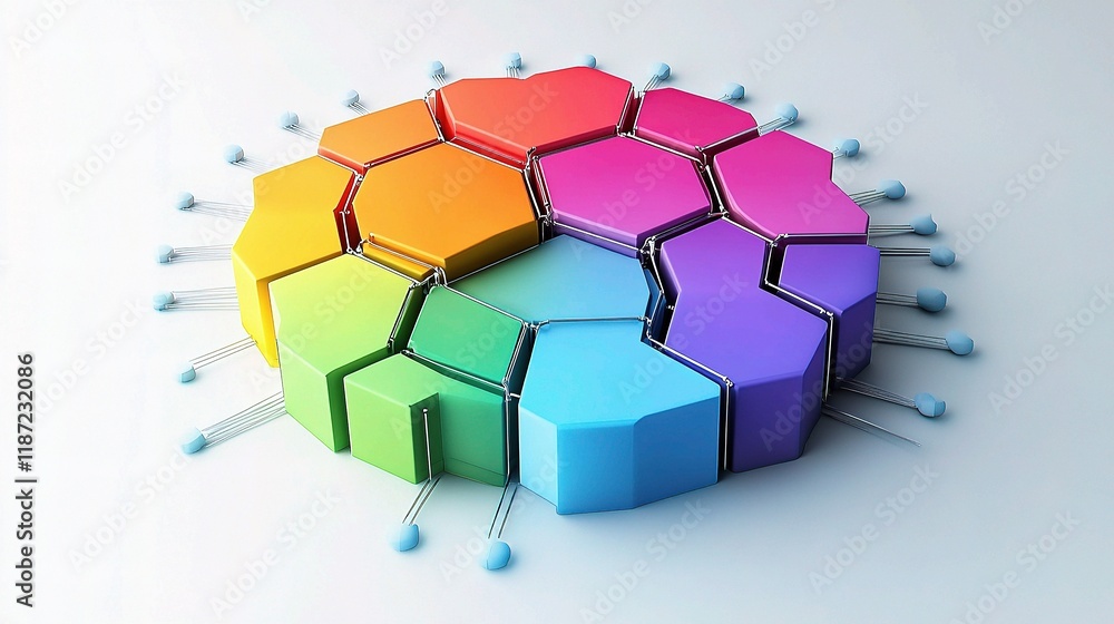 Poster colorful 3d pie chart composed of interconnected hexagons design