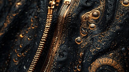 Close-up of a gold zipper on dark, textured fabric with metallic accents.