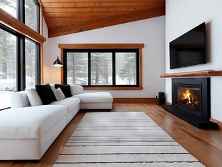 A living room with a white couch and a fireplace in it