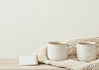 Cozy Minimalist Still Life with Ceramic Mugs and Knit Blanket