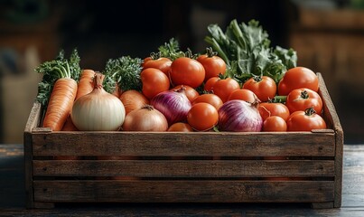 Fresh vegetables in wooden crate, market stall background, healthy food