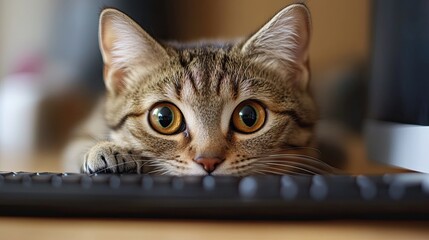 Fun animal pet image of a fierce cat hunting a computer mouse while hiding behind a desk 