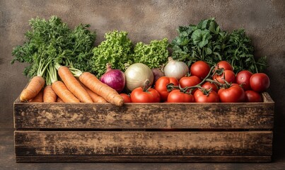 Fresh vegetables in wooden crate, rustic background, healthy food
