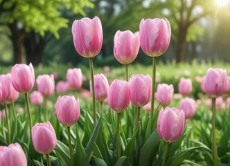 Obraz premium Soft pink tulips against blurred natural backdrop, sunlight, flora