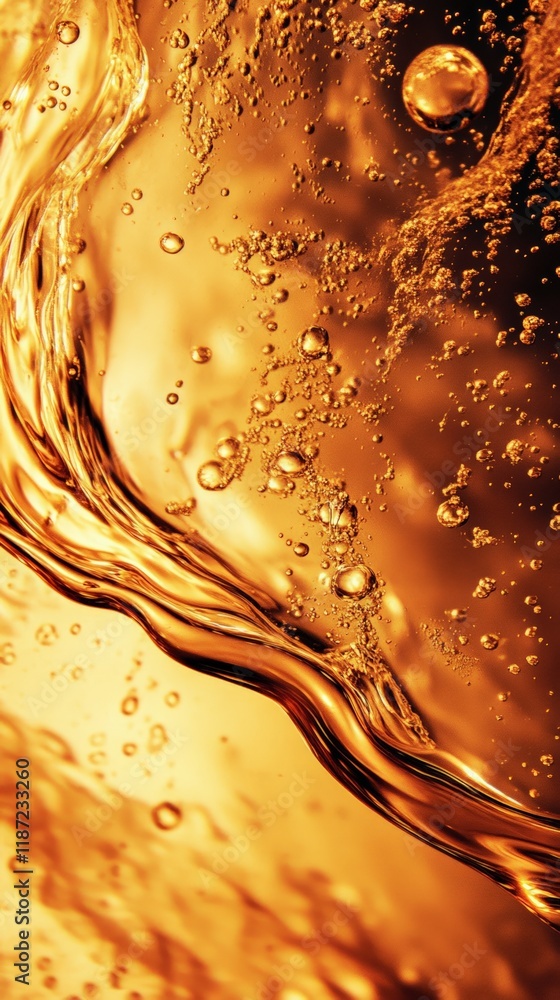 Poster Golden liquid surface shimmering with bubbles and ripples, creating an abstract design that offers rich textures and dynamic patterns, perfect for backgrounds and artistic projects