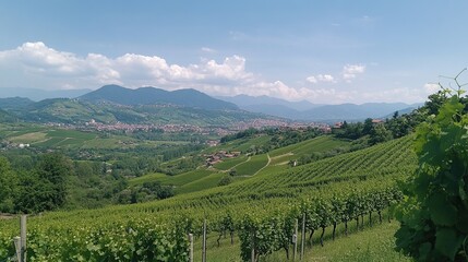 Obraz premium Panoramic view of vineyards, hills, and distant town under a clear blue sky.