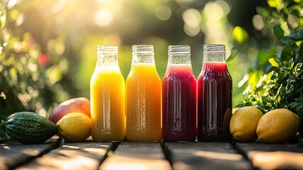 Fresh juice bottles in a sunny garden 