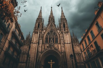 Fototapeta premium A Gothic - style church exterior under a cloudy sky