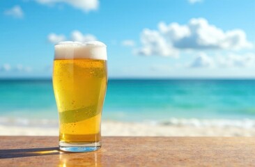 Pint of cold beer on top of the beach table against the background of blue sky and sea 