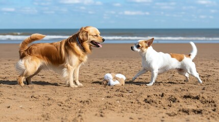 Two playful dogs enjoy a sunny day at the beach, chasing each other and a plush toy across the wet sand.