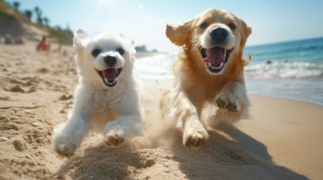 Two playful dogs enjoy a sunny day at the beach, chasing each other and a plush toy across the wet sand.