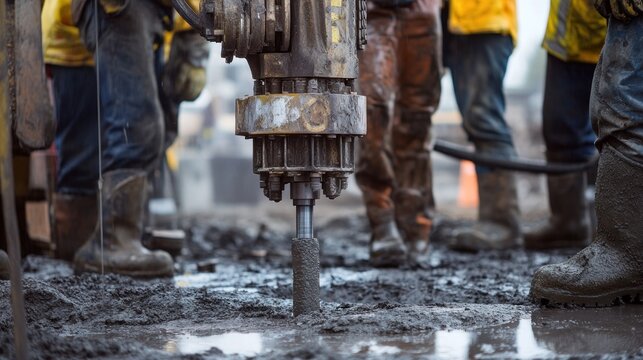Close-up of a drilling rig's bit penetrating muddy ground, with workers in protective gear surrounding it.