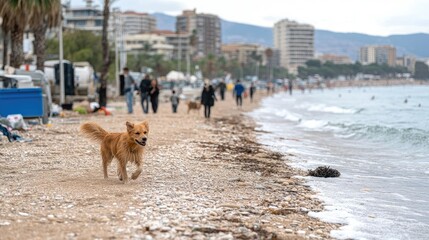 Brown dog enjoys a stroll on the sandy beach as waves lap at the shore under cloudy skies during late afternoon hours