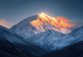 Snow-Capped Mountain Peak Illuminated by Golden Sunset with Dramatic Blue Sky and Shadows