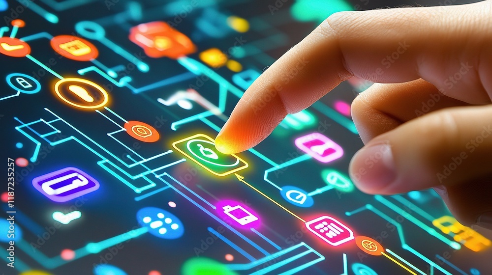 Poster colorful interface design featuring touch interaction with icons